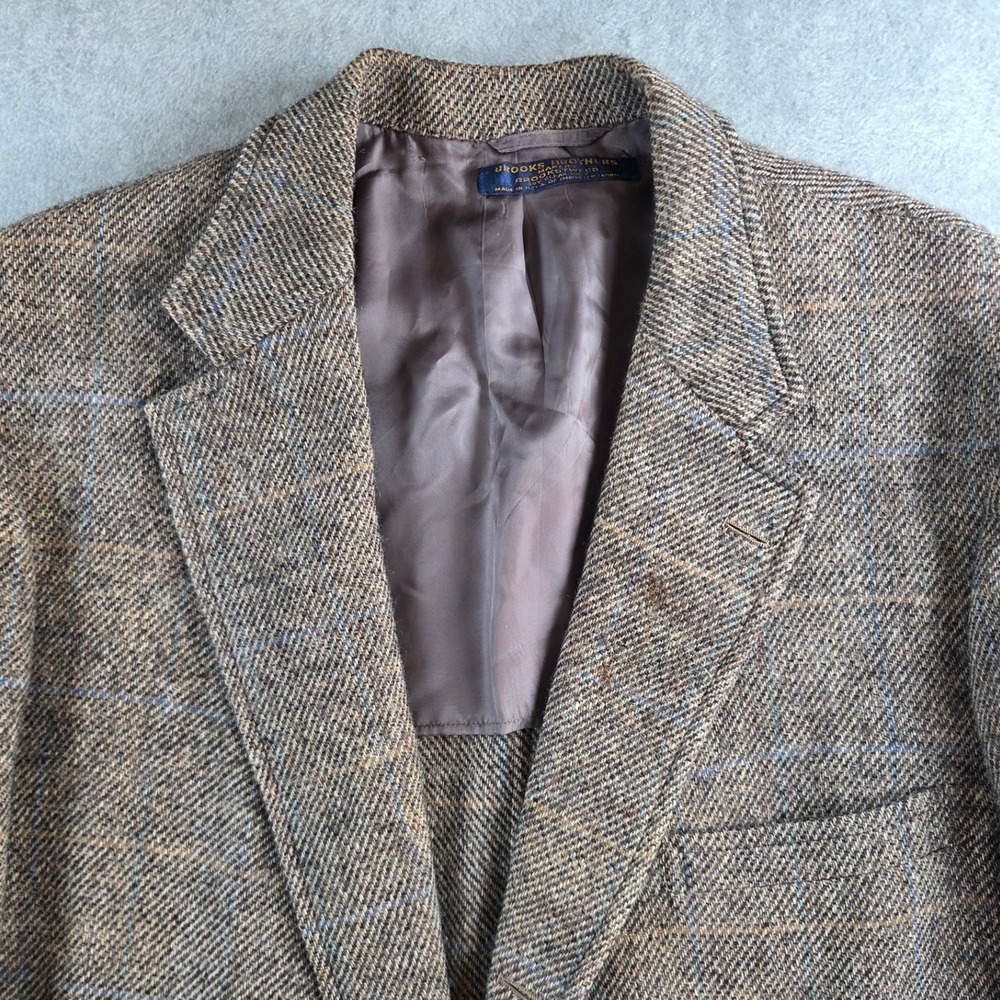 Brooks Brothers Blazer Mens 44 Brown Brookstweed Wool Windowpane Sport Coat USA